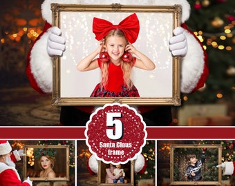 5  Santa Claus holding frame, Christmas overlay Digital backdrops background Photoshop, template for photo editing png