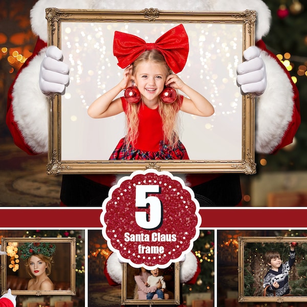 5  Santa Claus holding frame, Christmas overlay Digital backdrops background Photoshop, template for photo editing png