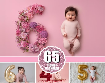 65 Newborn baby first year milestone digital backdrops. Floral numbers background. Photoshop overlay. Balloons one year. Red petals prop