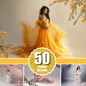 May include: A pregnant person in a yellow tulle gown poses in front of a backdrop of yellow flowers. The image is overlaid with a gold circle with the text "50 Flower Branch".