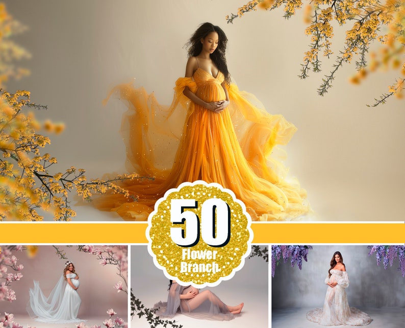 May include: A pregnant person in a yellow tulle gown poses in front of a backdrop of yellow flowers. The image is overlaid with a gold circle with the text "50 Flower Branch".