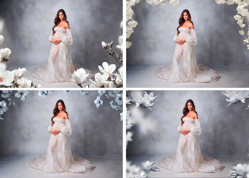 May include: A pregnant woman in a white, off-the-shoulder gown with floral print stands in front of a gray background with white flowers.
