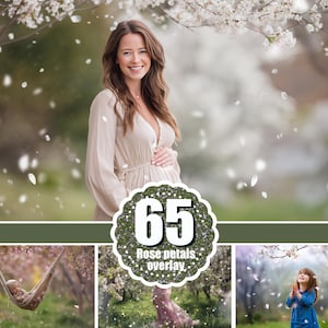 May include: A woman in a beige dress stands in a garden with white blossoms and falling petals. The image includes a graphic with the number 65 and the words "Rose petals overlay."