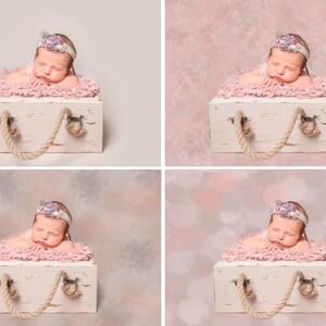 May include: A sleeping baby wearing a flower headband lies in a white wooden box with rope handles on a pink background.
