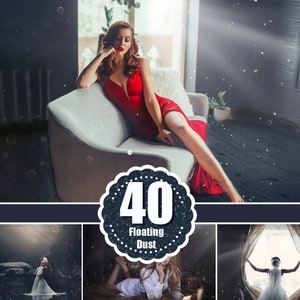 May include: A collection of 40 floating dust overlays for photo editing. The overlays feature a variety of sizes and shapes of dust particles, creating a realistic and ethereal effect. The overlays are perfect for adding a touch of magic to your photos.