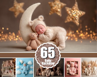 Digitaler Hintergrund mit Teddybär für Neugeborene, digitaler Hintergrund mit Baby und Teddybärpuppe, Neugeborenenszene, Gesichtseinfügung, Babystudiofoto, Photoshop-PNG