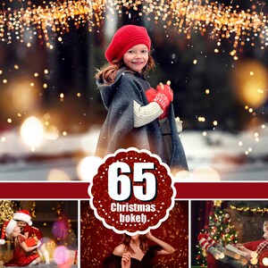 Op de afbeelding: Een verzameling van 65 kerstbokeh-overlays voor digitale foto's. De overlays tonen een verscheidenheid aan feestelijke lichten en glitter in warme kleuren.
