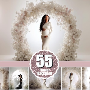 Könnte beinhalten: Eine Frau in einem weißen Umstandskleid steht vor einem großen Blumenbogen. Der Bogen besteht aus weißen Blumen und Grün. Das Bild enthält den Text "55 Flower Backdrop" in einem dekorativen Abzeichen.