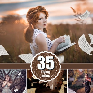 May include: A woman with red hair is reading a book in a field with musical notes flying around her. The image is surrounded by a brown border with the text "35 Flying Notes" in a circle.