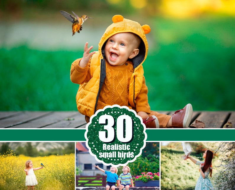 May include: A young child wearing a yellow hooded jacket sits on a wooden surface with a green background. A large green circle with the text "30 Realistic Small Birds" is in the foreground. The image is divided into three sections, with the top section showing the child, the middle section showing the text, and the bottom section showing three smaller images of birds.