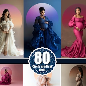 May include: A collection of maternity gowns in various colors and styles. The gowns are worn by pregnant individuals in a studio setting with a circular gradient light backdrop. The image includes the text "80 Circle gradient Light".