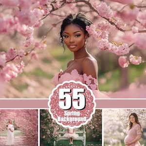 May include: A woman in a pink dress poses amidst blooming cherry blossoms. The image features a central portrait with a decorative badge that reads "55 Spring Background". Additional smaller images showcase similar spring scenes.