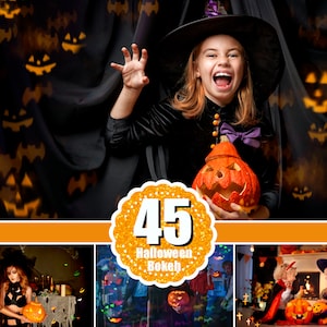 May include: A young person dressed as a witch holds a carved pumpkin in front of a black background with orange jack-o-lantern bokeh. The text "45 Halloween Bokeh" is on a sparkly orange circle.