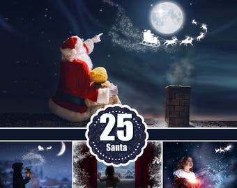 Santa flying over the moon, window overlay, Photoshop overlays, Christmas background, fairy lights, Waiting For Santa, Sanra deer, png