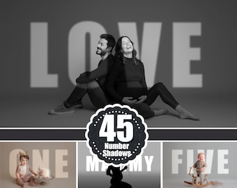 45 Realistic birthday number shadow overlay. Silhouette text frame Snoot light photo effect. Party maternity baby newborn Digital Background