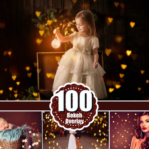 100 Gold light photo bokeh, Christmas bokeh overlay, Valentine overlay, Photoshop overlay, Heart star lights bokeh, Digital backdrop, jpg