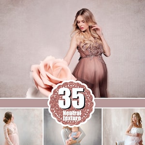 May include: A collection of 35 neutral texture digital backdrops for photography. The image features a central badge with the text 35 Neutral texture in white font over a rose gold glitter background, surrounded by four sample photos of people.