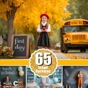 Könnte beinhalten: Eine digitale Sammlung von 65 Fotohintergründen zum Thema Schule, die verschiedene Szenen zeigen, darunter ein Kind mit rotem Barett vor einem Schulbus, ein Kind beim Lesen vor einer Tafel und ein Kind vor einer Regenbogenzeichnung.