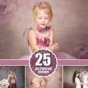 May include: A collection of 25 digital art portrait textures. The textures feature a variety of colors and patterns, including pink, white, and gray. The textures are perfect for adding a vintage or romantic feel to your photos.