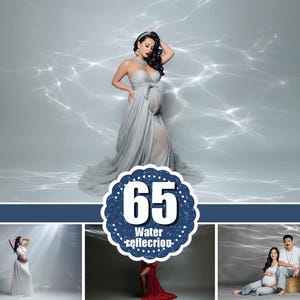 May include: A digital collection of 65 water reflection photography backdrops featuring various scenes, including a person in a grey gown, a person in a white outfit, a person in a red dress, and a couple, all set against light-refracting water effects.