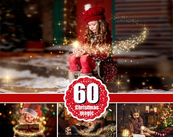 60 magische kerstoverlay, Nieuwjaar, vakantie, Kerstmis, goudfeestof, Photoshop gloeiende sterren, schijnend, gouden sterren, sterrenstof, glitters, jpg