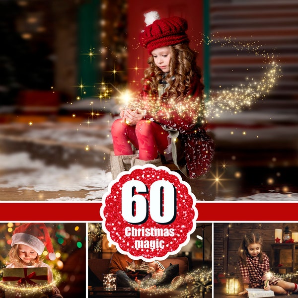 60 magische kerstoverlay, Nieuwjaar, vakantie, Kerstmis, goudfeestof, Photoshop gloeiende sterren, schijnend, gouden sterren, sterrenstof, glitters, jpg