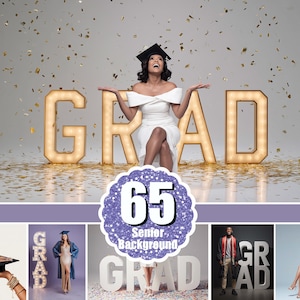 May include: A digital collection of 65 graduation-themed photography backdrops featuring various scenes of individuals in caps and gowns, large illuminated marquee letters spelling GRAD, and festive gold confetti elements for senior portrait sessions.