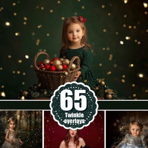 May include: A set of 65 digital overlays featuring twinkling lights, perfect for adding a festive touch to your photos. The overlays are designed to be used with photo editing software.