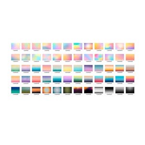 K&ouml;nnte beinhalten: Eine Sammlung von 64 Farbverl&auml;ufen in verschiedenen Farben, darunter Rosa, Blau, Gr&uuml;n, Orange und Lila. Die Farbfelder sind in einem Raster angeordnet.