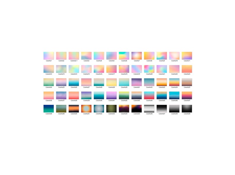 K&ouml;nnte beinhalten: Eine Sammlung von 64 Farbverl&auml;ufen in verschiedenen Farben, darunter Rosa, Blau, Gr&uuml;n, Orange und Lila. Die Farbfelder sind in einem Raster angeordnet.