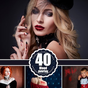 May include: A set of 40 digital blood overlay graphics for photo editing. The graphics feature various blood splatters, drips, and streaks in red.