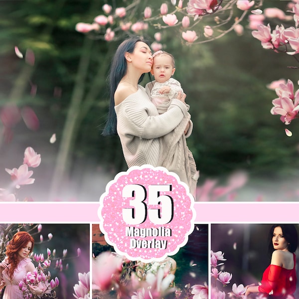 35 Magnolia spring summer tree branch overlays, flower pastel  painted photo layer, Blur Photo for Photographers, falling petals, png