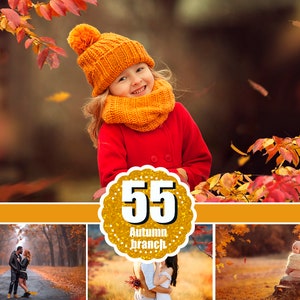 Puede incluir: Una niña pequeña con un abrigo rojo, un gorro de punto naranja y una bufanda sonríe en un entorno otoñal con hojas de colores. La imagen incluye un círculo dorado con el texto "55 Autumn Branch".