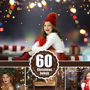 Può includere: Una ragazza con un cappello rosso e un maglione bianco è seduta davanti a uno sfondo di luci scintillanti. L'immagine è etichettata "60 Christmas bokeh."