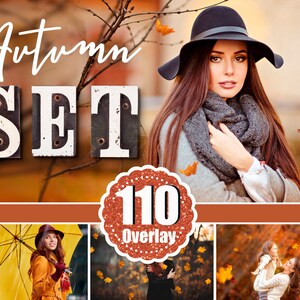 May include: A set of 110 autumn overlays featuring falling leaves in various colors. The overlays are perfect for adding a touch of fall to your photos.