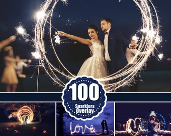 100 Wedding Sparklers Photoshop Overlays, Light painting words, Freezelight Effect, Digital Download, long exposure sparklers  jpg file