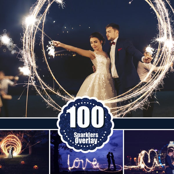 100 Wedding Sparklers Photoshop Overlays, Light painting words, Freezelight Effect, Digital Download, long exposure sparklers  jpg file