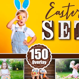 Könnte beinhalten: Ein Set mit 150 Oster-Overlays für digitales Design. Die Overlays zeigen eine Vielzahl von Osterelementen, darunter Eier, Hasen und Blumen. Die Overlays sind perfekt, um Ihren digitalen Designs eine festliche Note zu verleihen.