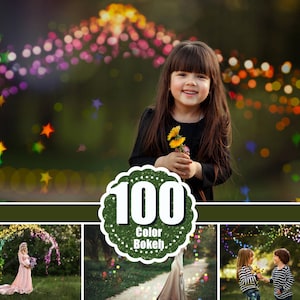 May include: A young girl with long brown hair holds a bouquet of flowers in front of a blurred background of colorful lights. The text "100 Color Bokeh" is in a circle in the foreground.