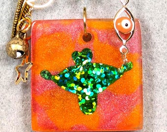 Guardian Angel Resin Pendant Keychain, Backpack or Purse Charm - Orange, Green, Gold