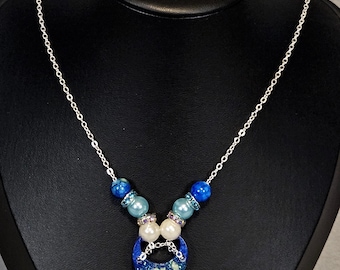 Misty Moon Matinee Necklace - Blue, White, Silver, 24 in end-to-end