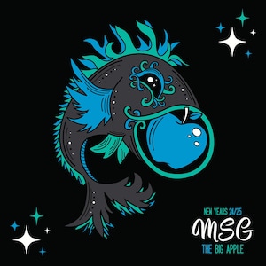May include: A black and blue stylized illustration of a fish with a green and blue flame design on its head. The fish is biting into a blue apple. The text "MSG THE BIG APPLE" is below the fish.