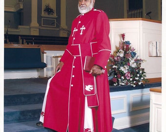 Pastors Robes-Joshua 3-Red Cassock with white pleats, buttons, doves and piping suitable for the Anointed Man of God