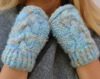 Spring light blue half fingerless gauntlet mittens for women Warm hand wool arm warmers for her Patterned eco crochet warmer wrists