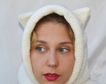 Valentine's Day gift Cute winter white wool crochet cat ear beanie hat with pom pom Funny womens oversized bulky warmer beanie hat with ears