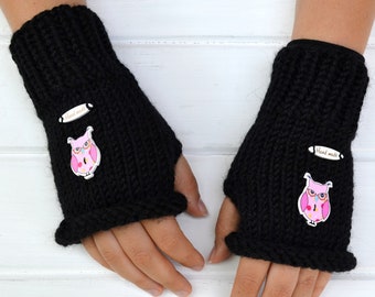 Spring black half fingerless gauntlet mittens with owls for women Warm hand wool arm warmers Crochet warmer wrists