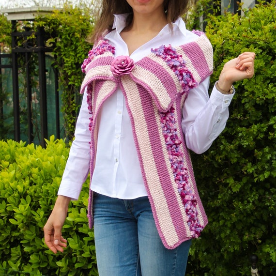 Crochet Boho Vest: Pink White Chunky Sleeveless Waistcoat with Brooch