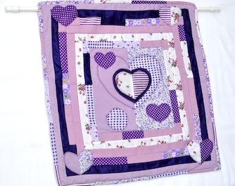 Loving Hearts Quilted Wall Hanging: Purple Patchwork Fabric Art