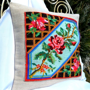 Designer woven burlap scatter pillow cover with cross stitch roses Embroidered roses linen rustic cushion cover case