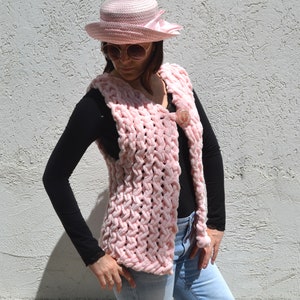 Pink long crochet vest with brooch All season festival chunky Boho womens waistcoat